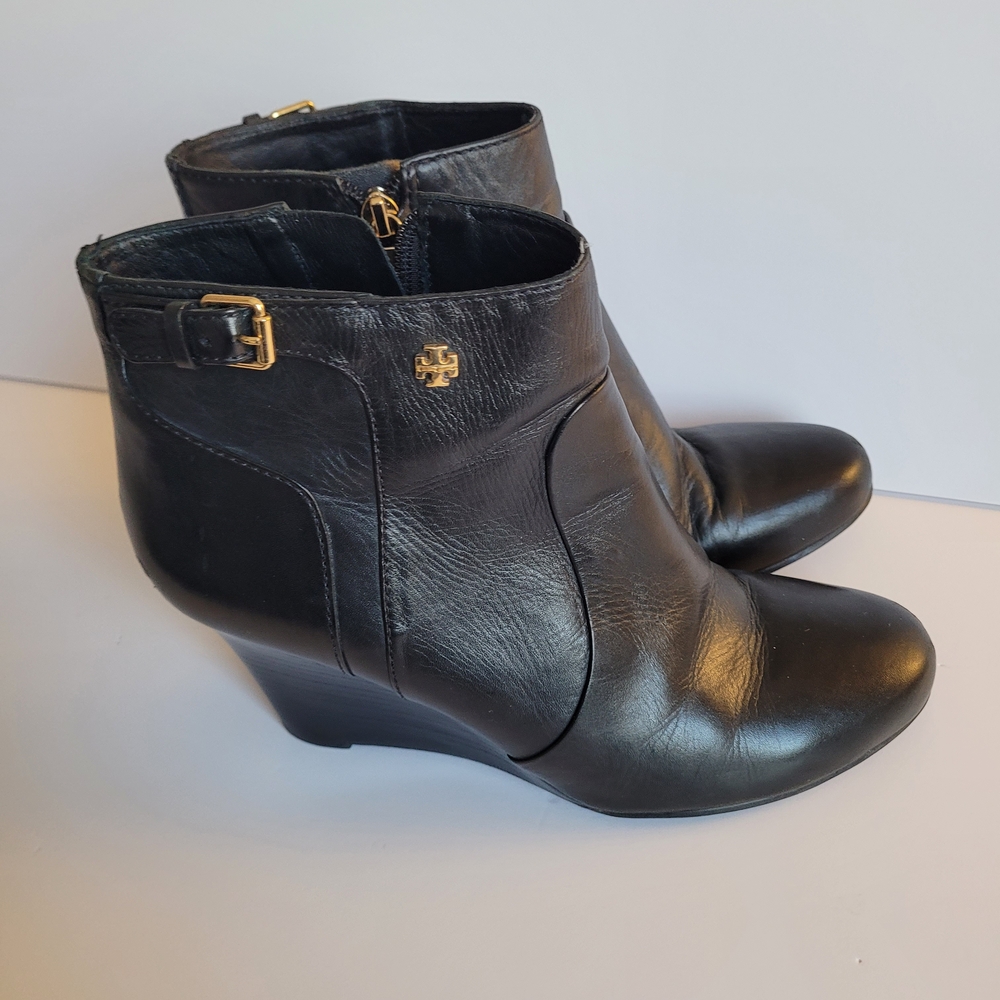 Tory Burch Black Leather Wedge Ankle Boots